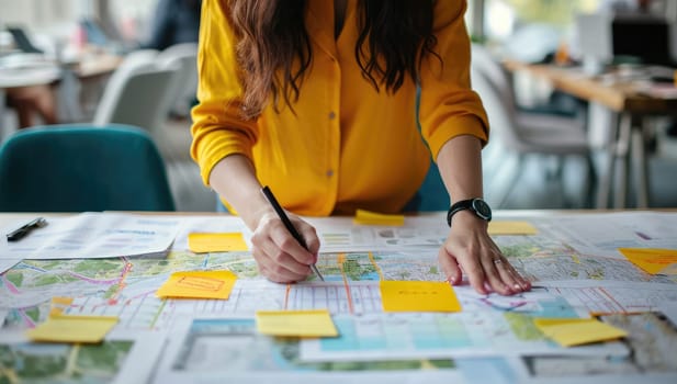Businesswoman strategizing with map and sticky notes