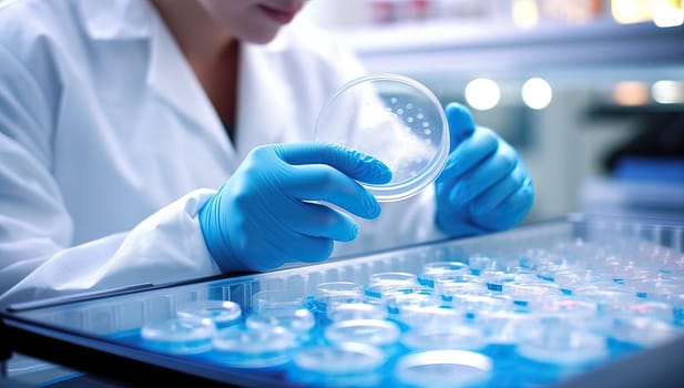 Scientist examining petri dish in laboratory