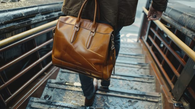 The picture of the person is working as business person with bag and walking to stair in the city, the businessman require skill like management, negotiation, marketing and the communication. AIG43.