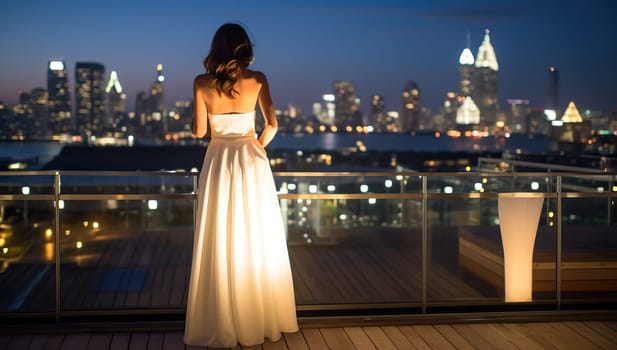 Bride Overlooking Nighttime Cityscape