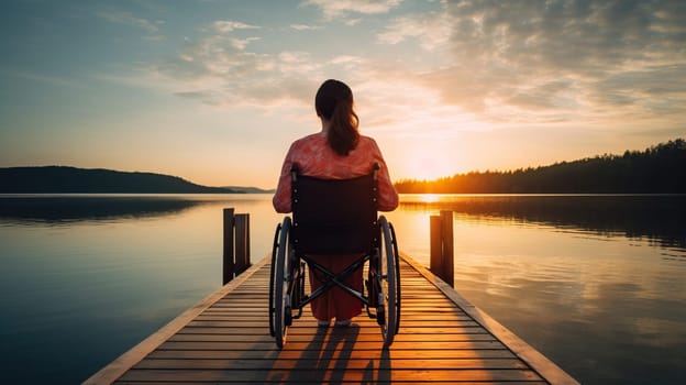Wheelchair bound woman enjoying lakeside sunset