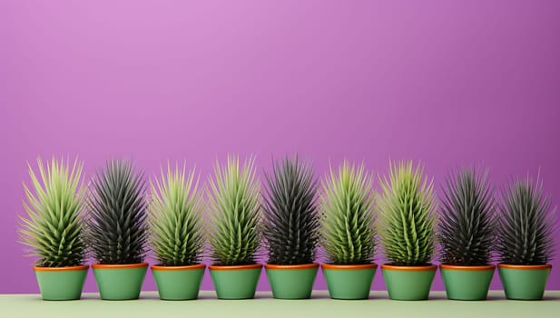 Row of green plants in orange pots against a purple background