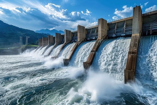 A majestic hydroelectric dam with cascading water, generating clean electricity through renewable resources
