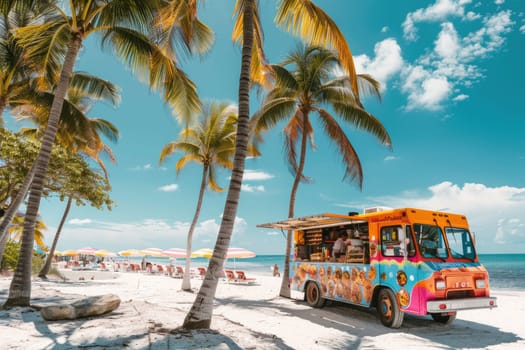 A vibrantly colored food truck serving tacos on a sunny beach, with palm trees swaying and beach umbrellas in the distance