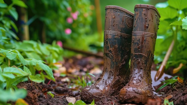 The picture of the dirty boots from dirt and soil inside the garden that has been surrounded with plant and tree, the gardener require skill like plant knowledge, planting and soil management. AIG43.