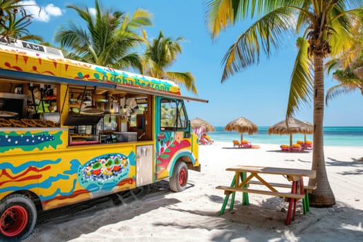 A vibrantly colored food truck serving tacos on a sunny beach, with palm trees swaying and beach umbrellas in the distance