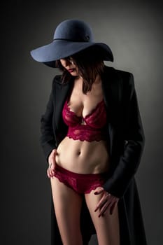 Advertising underwear. Studio photo of stylish brunette