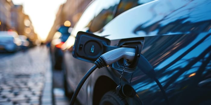 A picture about the electric vehicle that has been charging at the charging station and has been connected with the charger that has been connecting to the electric vehicle to become new tech. AIGX01.
