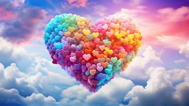 The picture of the colourful heart shape that flying beyond the sea of the cloud and atmosphere that bright and reflect the light by the sunlight of the daytime of summer or spring of year. AIGX01.