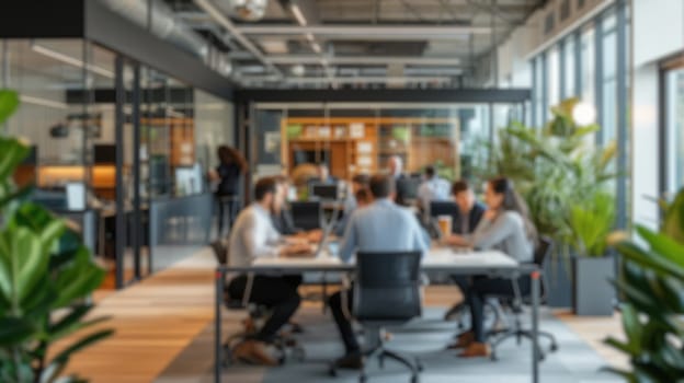Blurred photo capturing the dynamic atmosphere of a modern open-plan office with people engaged in discussion and work. Resplendent.