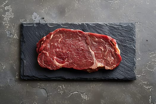 A piece of raw red meat, specifically beef, is placed on a slate cutting board. This animal product is a key ingredient in many delicious recipes and dishes in various cuisines around the world