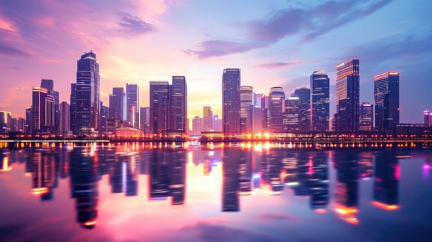 An elegant evening city skyline, lights reflecting on a calm river, skyscrapers silhouetted against a twilight sky, capturing urban beauty. Resplendent.