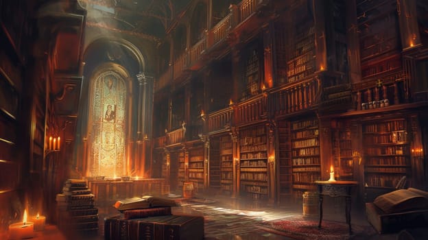 An ancient library with towering bookshelves, hidden alcoves, and magical glowing manuscripts. Resplendent.