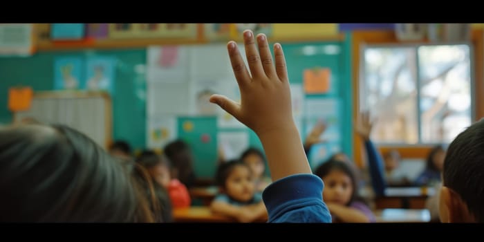 Close up of elementary student hands raised hand for answering question or asking question or voting or volunteering for helping teacher. Diverse children putting hands in the air at classroom. AIG42.