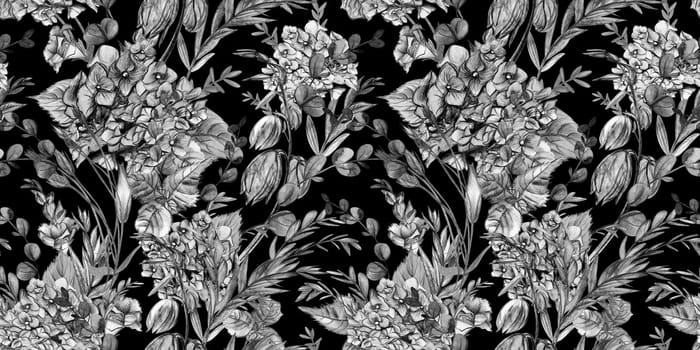 Black and white monochrome pattern with hydrangea on a white background drawn