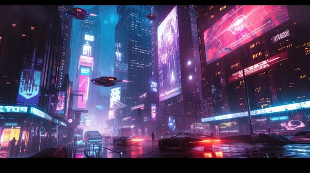 Futuristic city glows with soft hues, complemented by the sleek design of hovering vehicles above the vibrant skyline. Resplendent.