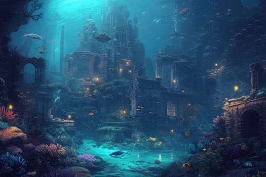 An underwater city with bioluminescent coral, schools of colorful fish, and ancient ruins, all illuminated by the eerie glow of an underwater volcano. Resplendent.