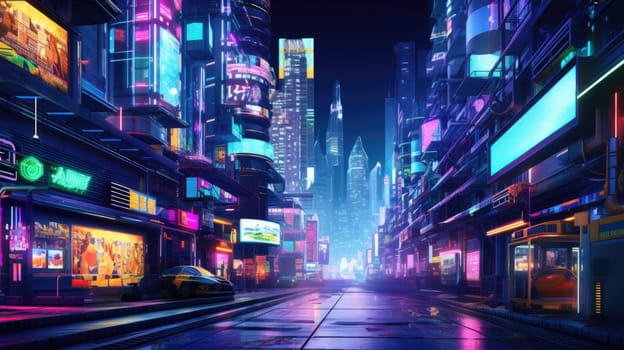 The picture of the neon night time futuristic cyberpunk scifi metropolis yet bright with neon light that fill everywhere of metropolis and fill with tall building and long roadway at night. AIGX01.
