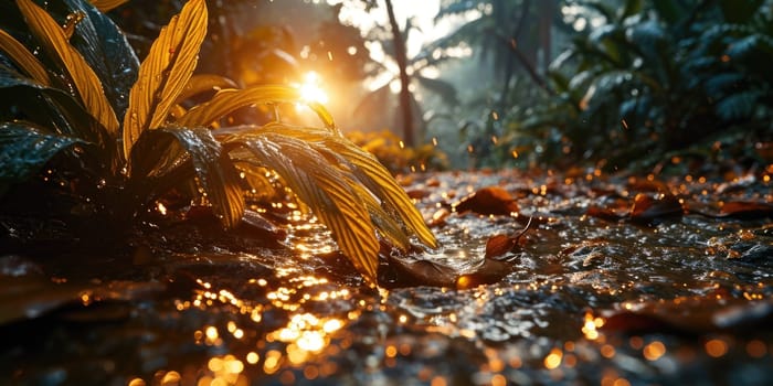 The picture of nature that focused to the gold leaf from tree in the forrest that stay on ground and got illuminated with the bright light of sunlight in the summer or spring time of the year. AIGX03.