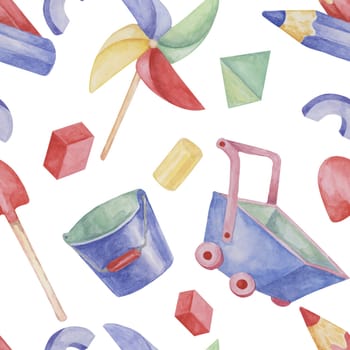 Baby seamless pattern with wheelbarrows, toys, pencils, bucket and shovel in watercolor. Retro toys ornament Hand drawn textile print for kids, children's wallpaper, wrapping, packaging, scrapbooking