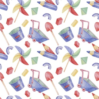 Baby seamless pattern with wheelbarrows, toys, pencils, bucket and shovel in watercolor. Retro toys ornament Hand drawn textile print for kids, children's wallpaper, wrapping, packaging, scrapbooking
