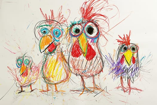 The hand drawing colourful picture of the group of the various type of chicken that has been drawn by the colored pencil or crayon on the white background that seem to be drawn by the child. AIGX01.