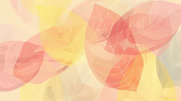 A pattern of overlapping autumn leaves in various shades of yellow, orange, red, and pink with veins in a darker shade. AIG51A.
