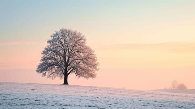 The picture of the single tree that has been covered with white snow in the middle of the empty snow land in the winter season and light from the sun can make everything bright clear on land. AIGX03.