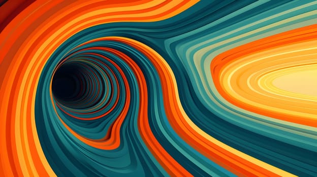 A vibrant and symmetrical textile art piece featuring a colorful swirl pattern in shades of azure, aqua, orange, and electric blue, with a striking black hole in the center