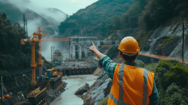 Smart civil engineer pointing at dam surrounded with nature and mountain. Professional architect wearing safety helmet and checking, inspecting construction while looking at dam water release. AIG42.