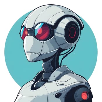 An animated cartoon illustration of a robot sporting headphones and sunglasses, designed with automotive and machine elements. The color scheme includes shades of magenta and carmine