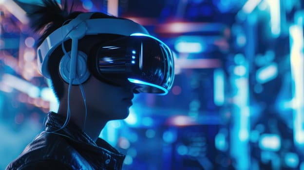A woman dons a VR headset in a dimly lit room, immersing herself in a virtual reality experience for entertainment. AIG41