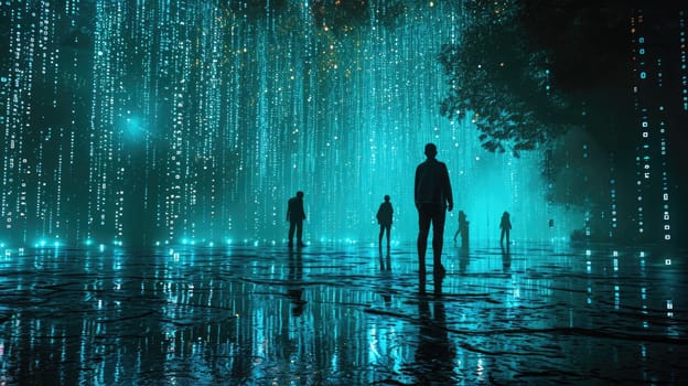 The picture of the group people that has been walking into the endless walkway that has been raining with the digital matrix green binary rain of code that seem like people search something. AIGX01.