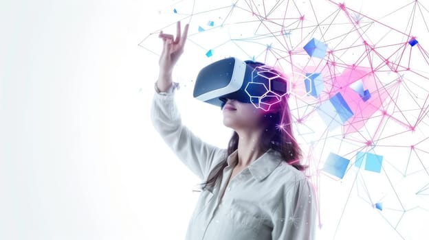 A woman interacts with a virtual reality interface, manipulating geometric shapes in a simulated environment for an advanced digital experience. AIG41