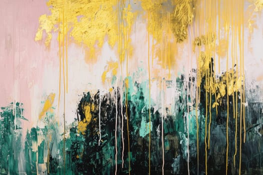 The abstract picture of the gold, pink and green colour that has been painted or splashed on the white blank background wallpaper to form random shape that cannot be describe yet beautiful. AIGX01.
