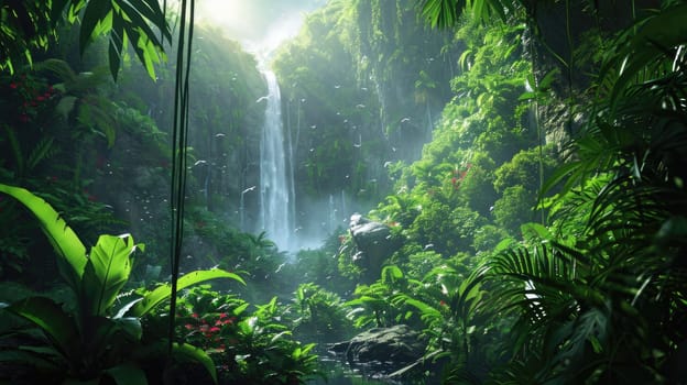 A serene waterfall cascades gently into a crystal-clear pool within the dense greenery of a sunlit tropical rainforest, inviting a sense of peace and natural beauty. Resplendent.
