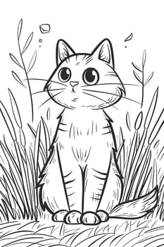 A monochromatic illustration depicting a Felidae organism, a small to mediumsized carnivorous mammal known as a cat, sitting in the grass with a playful gesture and its captivating eyes on display