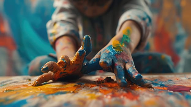 Close up of attractive elementary student hand playing stained color in art lesson. Happy children hand putting hand on paper and doing creative activity in art class. Blurring background. AIG42.