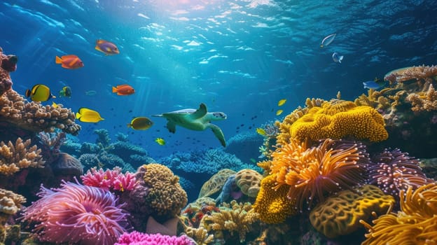 A sea turtle glides through the clear blue waters of a coral reef teeming with colorful marine life and diverse coral formations. Resplendent.