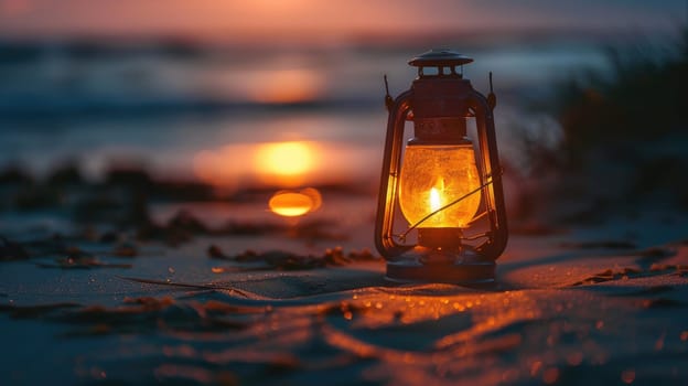 A lantern illuminates the sandy beach at sunset, casting a warm glow over the water and painting the horizon in a beautiful dusk landscape AIG50