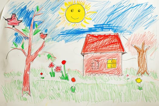 The hand drawing colourful picture of the house that has been drawn by colored pencil, crayon or chalk on the white blank background that seem to be drawn by the child that willing to draw. AIGX01.