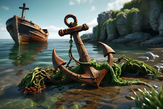a rusty anchor in green algae lies in the sea .