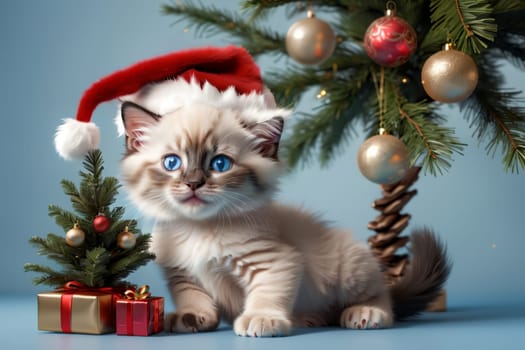 Beautiful young Ragdoll kitten against the background of a Christmas tree.