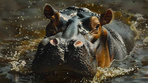 A hippopotamus is submerged in the water, gazing at the camera with its massive snout. The tire of a motor vehicle can be seen in the background
