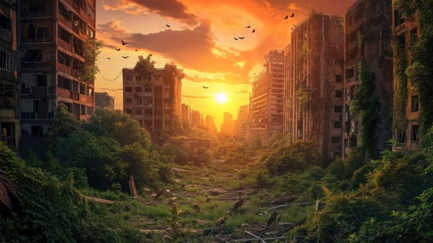 Sunrise brings light to an overgrown cityscape, where nature reclaims abandoned buildings in a scene of serene post-apocalyptic beauty. Resplendent.