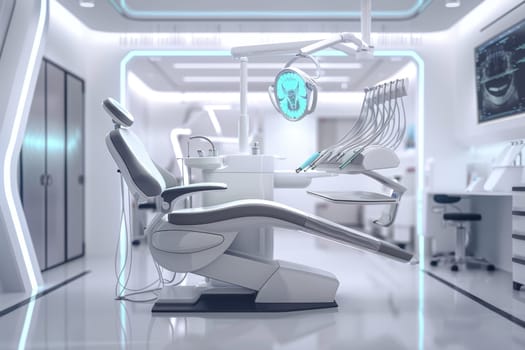 A cutting-edge dental clinic furnished with advanced equipment, featuring a futuristic chair and lighting, for optimal patient care