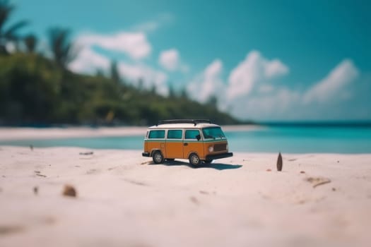 A whimsical scene of a miniature red van parked on a sandy beach evoking feelings of summer, vacations, and travel adventures.