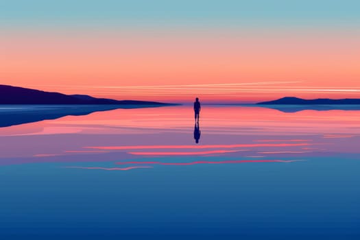 A minimalist digital illustration captures a single silhouette against a serene lakeside sunset with a reflection on the water surface