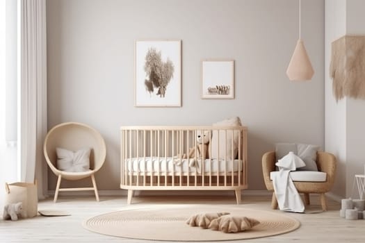 Modern nursery room with a wooden crib and a striking abstract poster, complemented by soft hues and minimalist decor, providing a chic and comforting space for infants.