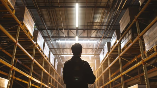 Professional warehouse worker checking and inspecting product quality at storage. Engineer working and listing product box while holding check list or chart board and standing at warehouse. AIG42.